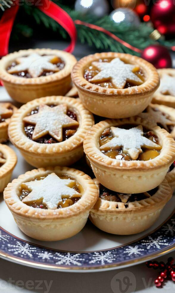 Photo Of Christmas Mince Pies On A Festive Plate. AI Generated