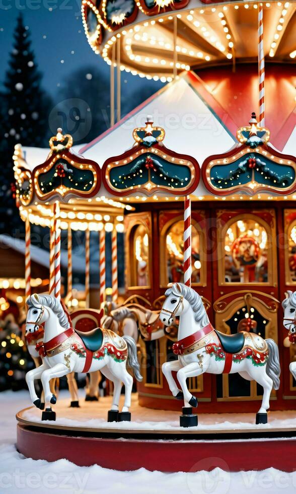 foto de Navidad Navidad carrusel con de madera caballos. ai generado