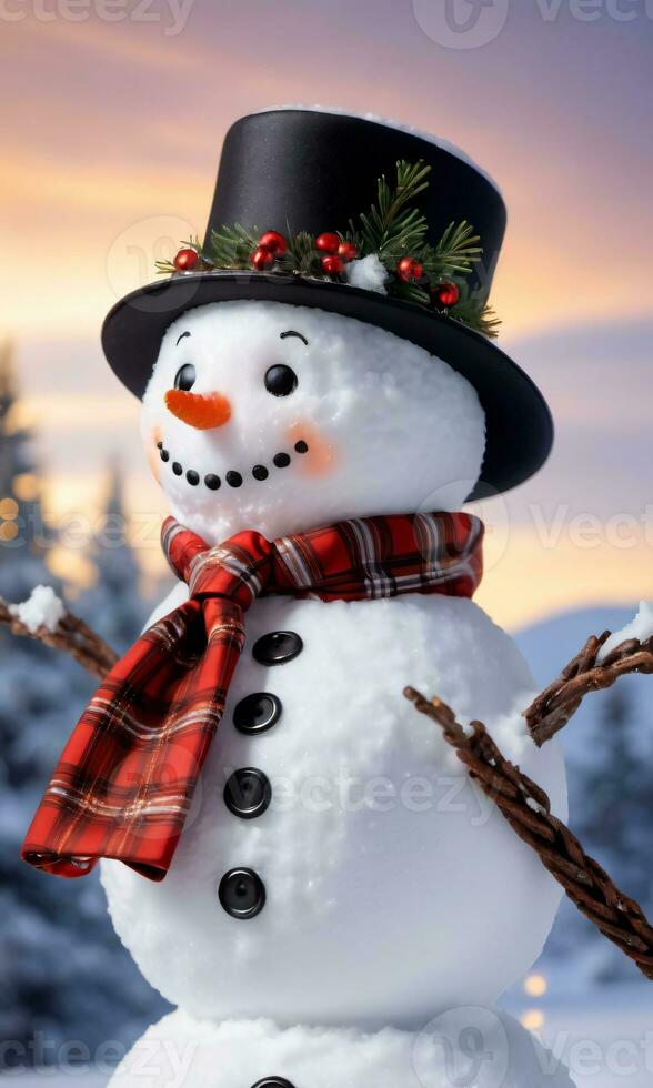 Snowman With A Garland Necktie Evening Light Snowy Backdrop Side View. AI Generated photo