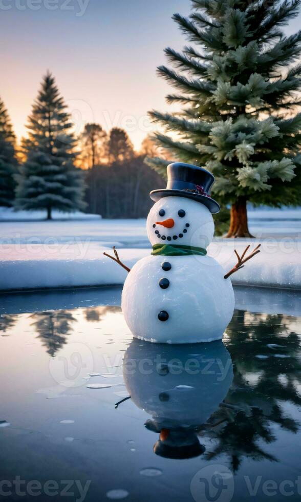 A Snowman And Christmas Tree Reflected In A Frozen Pond Dawn Outdoor Long Shot. AI Generated photo