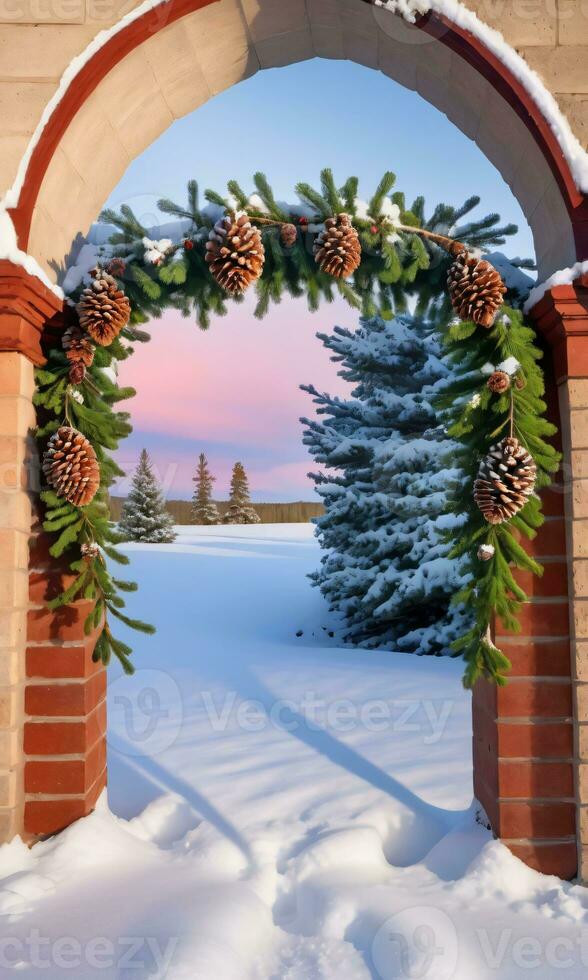 Pine Cones And Mistletoe Under A SnowCovered Archway Sunrise Outdoor WideAngle. AI Generated photo