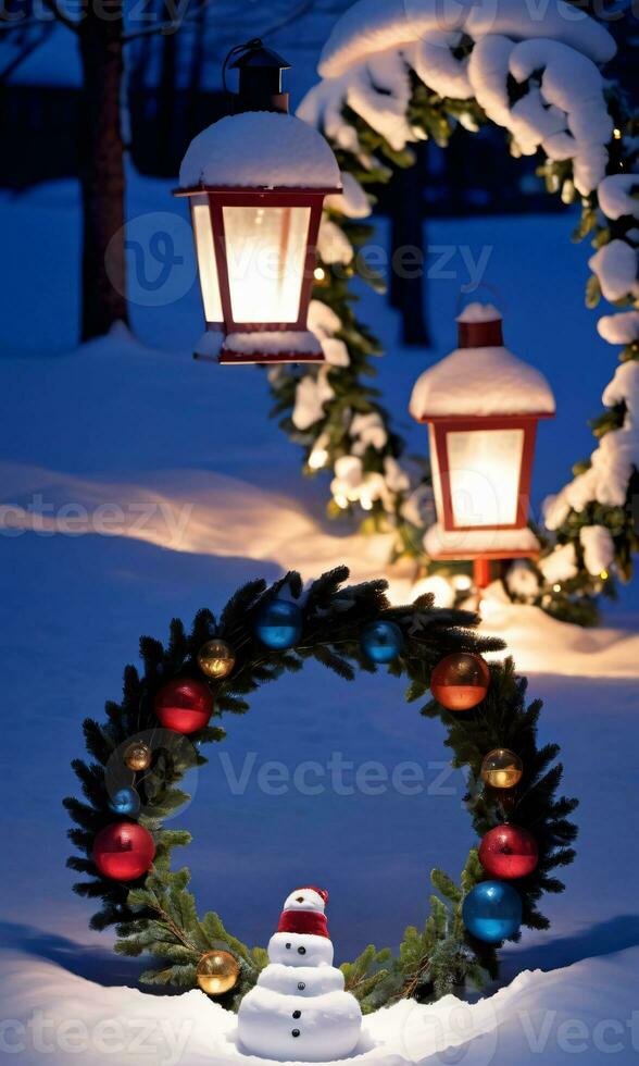 Lanterns Casting Shadows On A SnowCovered Christmas Wreath Night Outdoor Front View. AI Generated photo