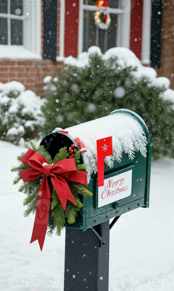 guirnalda envuelto alrededor un buzón relleno con Navidad tarjetas tarde nevando Disparo desde el frente. ai generado foto