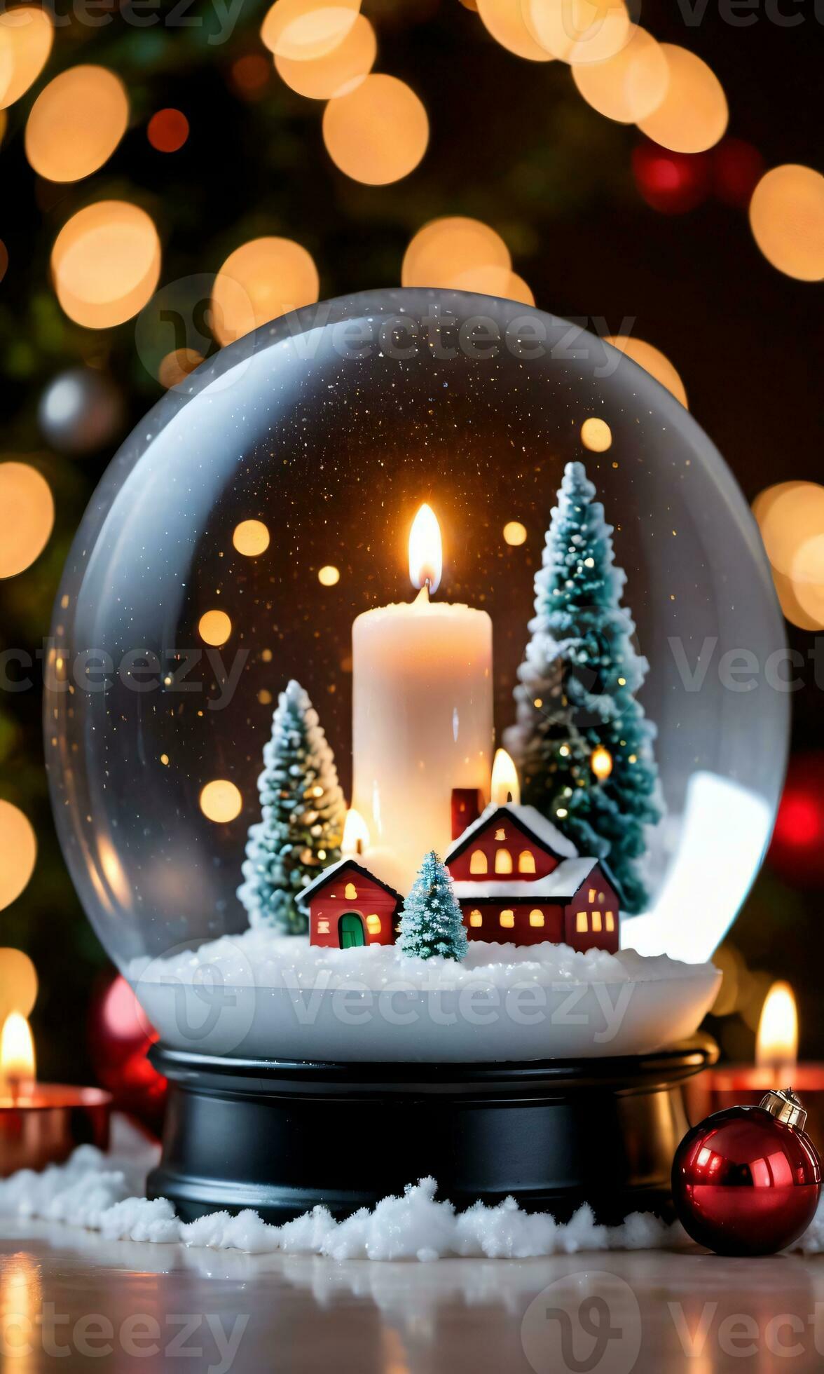 A Snow Globe Next To Christmas Candles Night Indoor With Soft Lighting