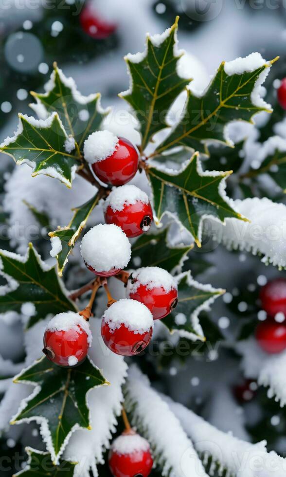 Holly And Mistletoe On A Snowy Christmas Tree Dawn Outdoor CloseUp Shot. AI Generated photo