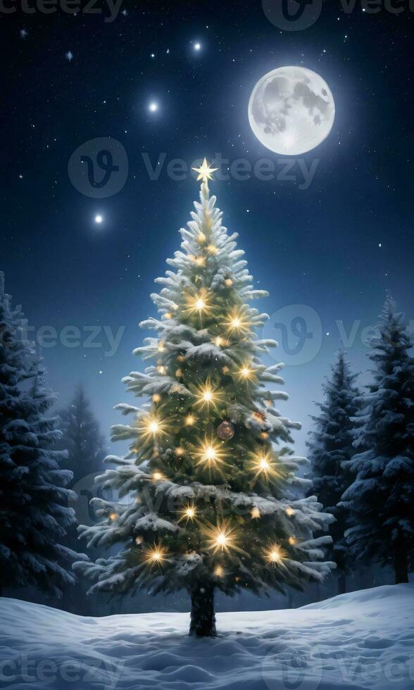 A Starlit Christmas Tree Under Soft Moonlight. AI Generated photo