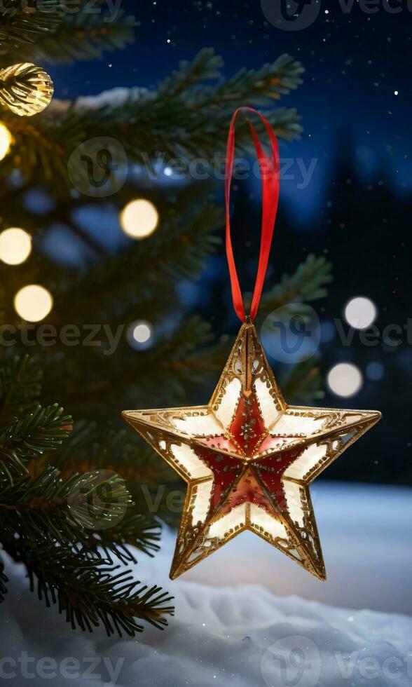 A Christmas Star Ornament Glowing In The Moonlight. AI Generated photo