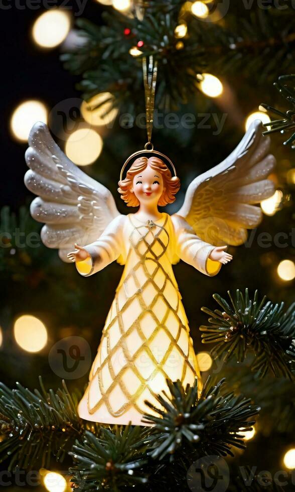 A Glowing Angel Topper On A Christmas Tree At Night. AI Generated photo