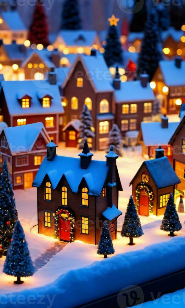 A Christmas Village Model Illuminated Softly. AI Generated photo