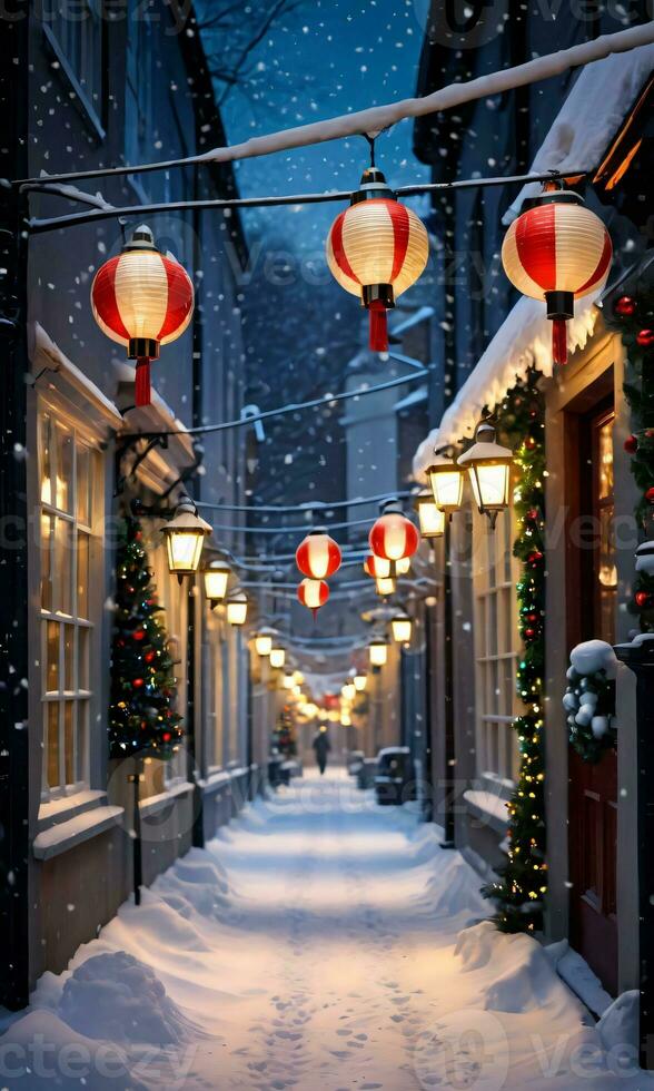 A Snowy Street Illuminated By Vintage Christmas Lanterns. AI Generated photo