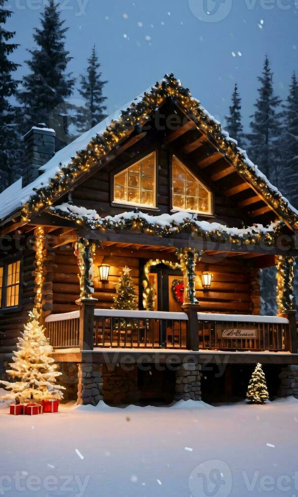 A Warmly Lit Cabin With Christmas Decorations In The Snow. AI Generated photo