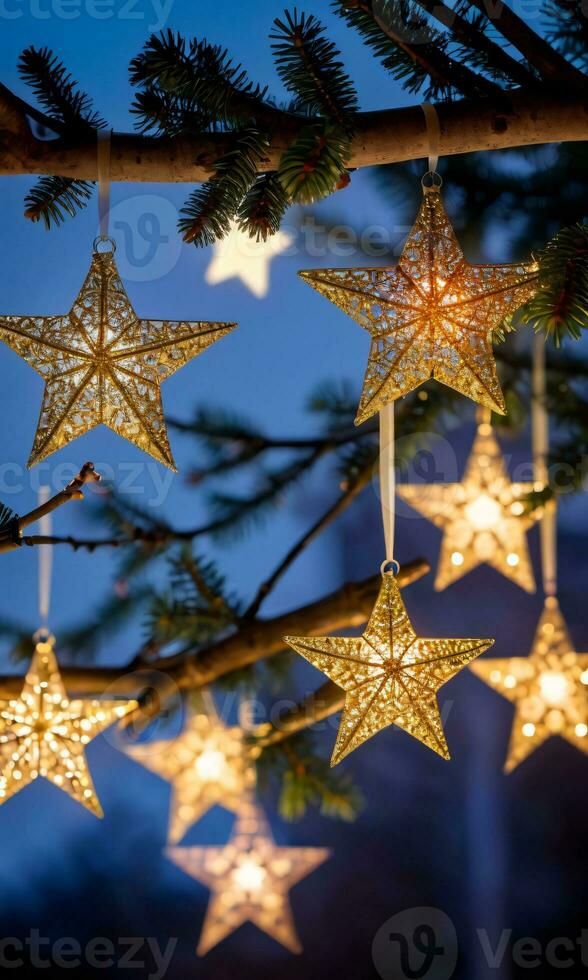 Glowing Christmas Stars Hanging From Tree Branches At Dusk. AI Generated photo