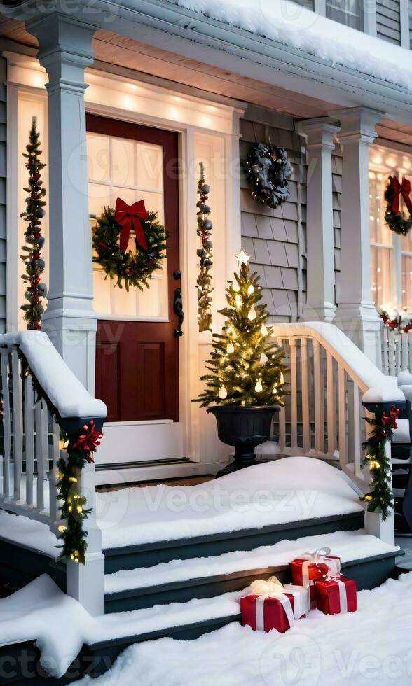 suavemente iluminado Navidad decoraciones en un Nevado frente porche. ai generado foto