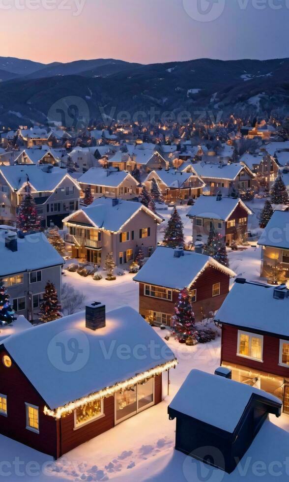 SnowCovered Rooftops With Twinkling Christmas Lights At Dusk. AI Generated photo