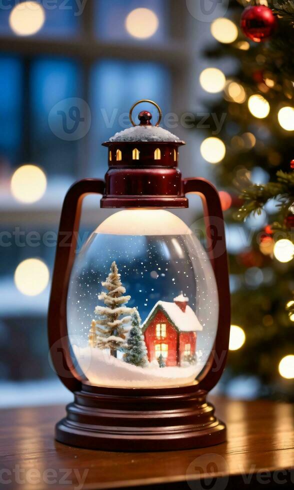 A Snow Globe Nestled Next To A Lit Christmas Lantern Dusk Indoor On A Wooden Table CloseUp. AI Generated photo
