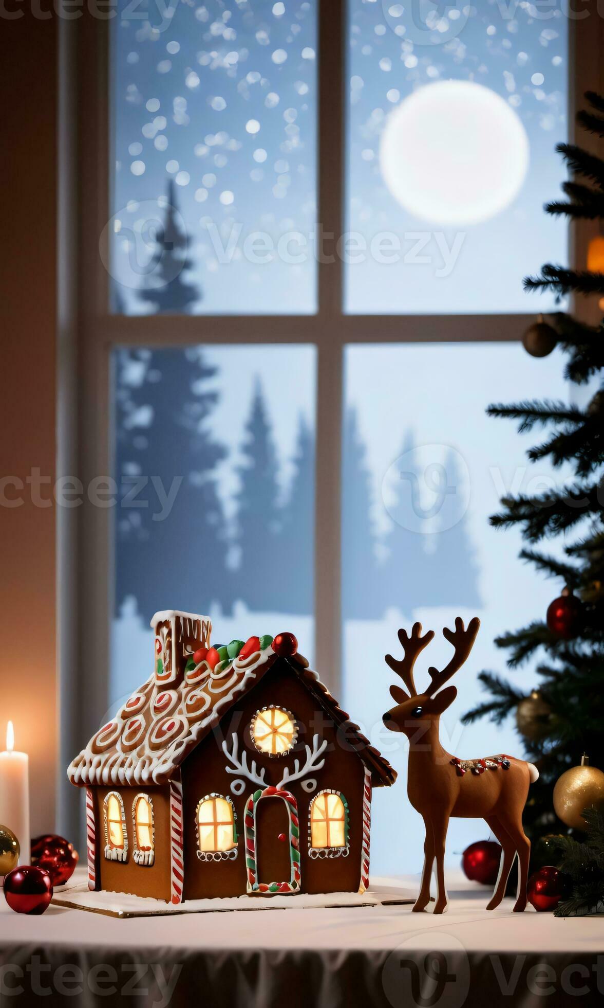 A Gingerbread House Backdrop With A Silhouette Of A Reindeer Evening