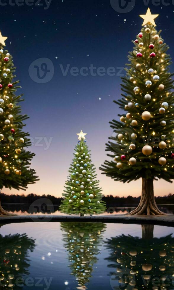 Navidad árbol reflejado en un reluciente estanque con flotante adornos oscuridad al aire libre largo disparo. ai generado foto