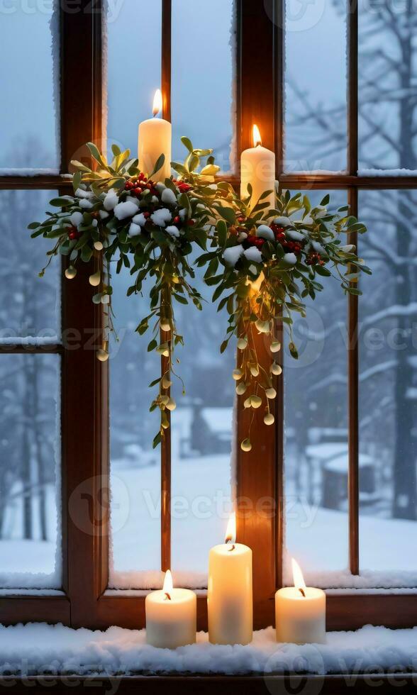 brillante velas junto a un nevado ventana con colgando muérdago oscuridad interior frente vista. ai generado foto