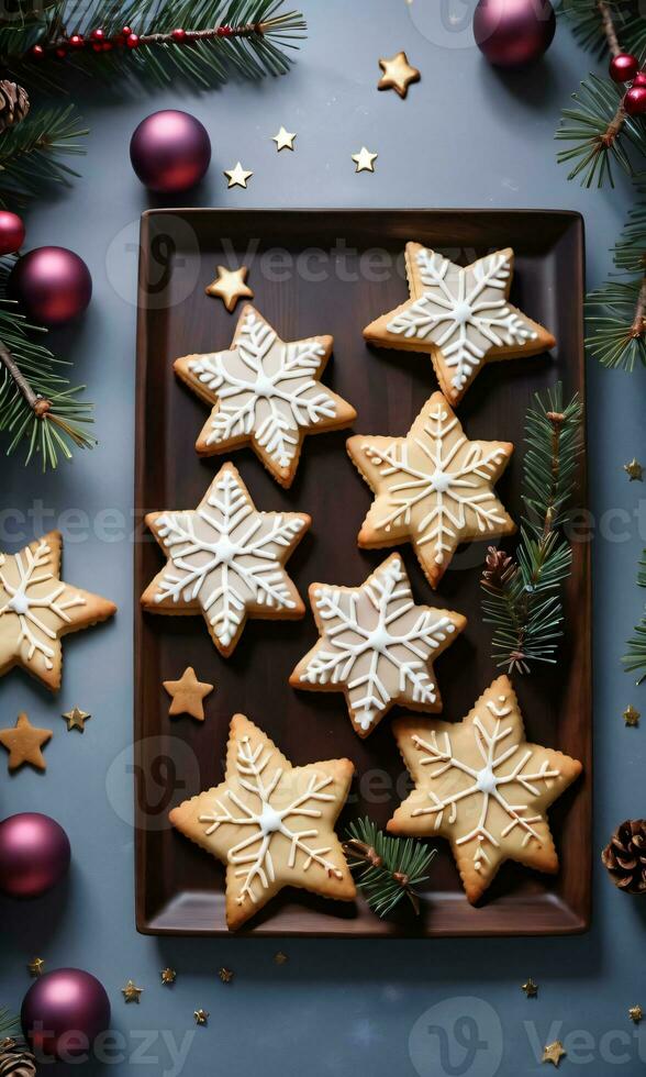 Pine Branches Adorned With StarShaped Cookies Twilight Indoor Festive Table CloseUp. AI Generated photo