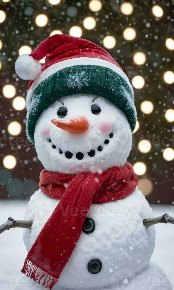 un monigote de nieve vistiendo un Papa Noel sombrero con Navidad luces en el antecedentes Disparo durante un nevada. ai generado foto