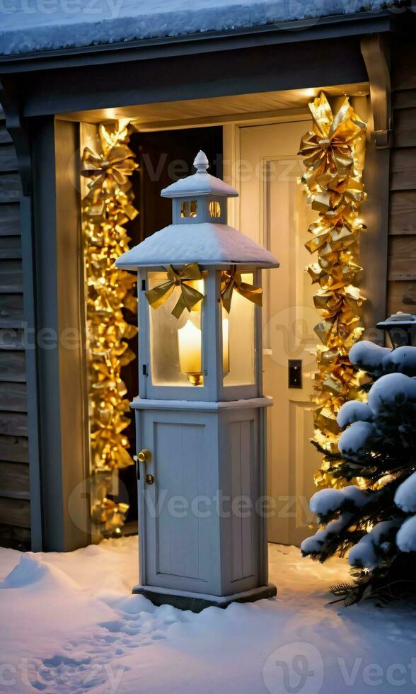 A Frosty Lantern Illuminating A Path Leading To A Door With A Golden Bow Shot At Twilight. AI Generated photo