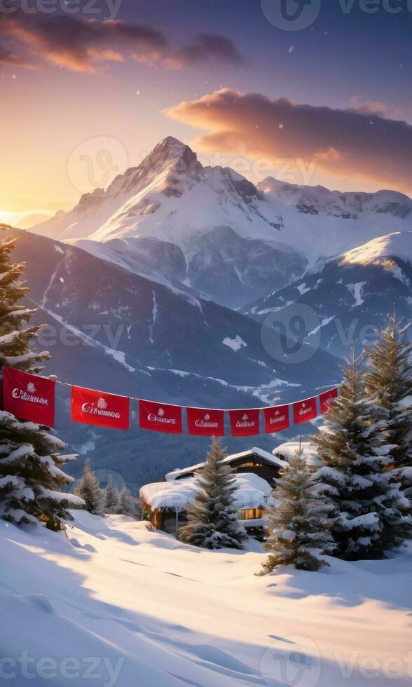 un Nevado montaña paisaje con Navidad pancartas fluido en el brisa capturado a puesta de sol. ai generado foto