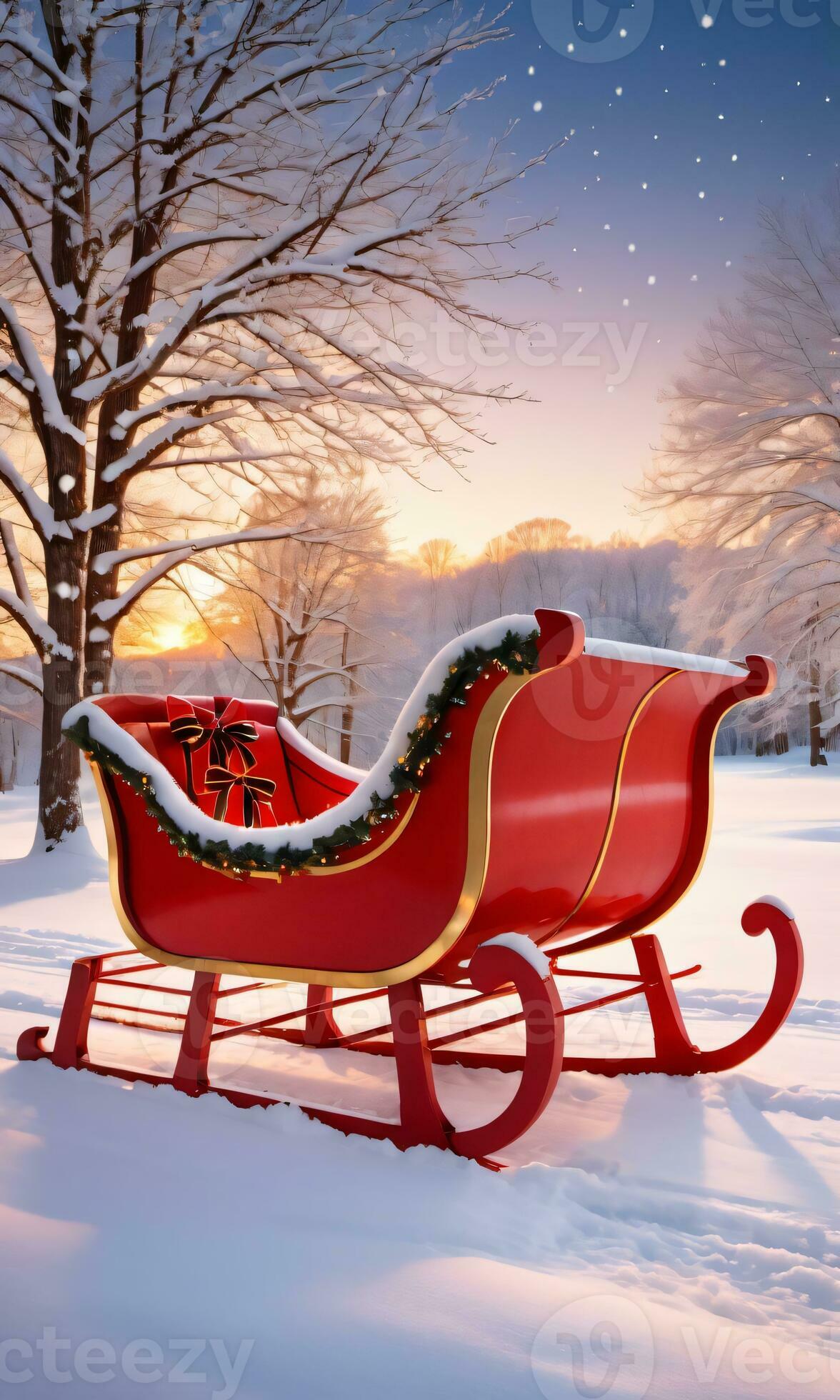 An OldFashioned Sleigh Adorned With Twinkling Lights And Red Ribbons An OldFashioned Sleigh Adorned With Twinkling Lights And Red Ribbons