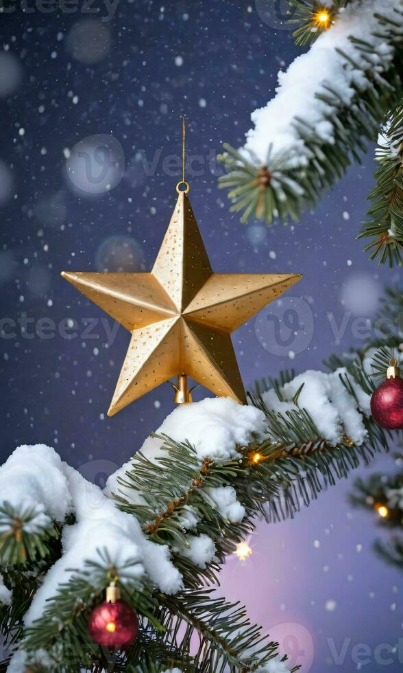 A Golden Star Topper Colorful Lights And SnowCovered Pine Branches Against The Early Morning Sky. AI Generated photo