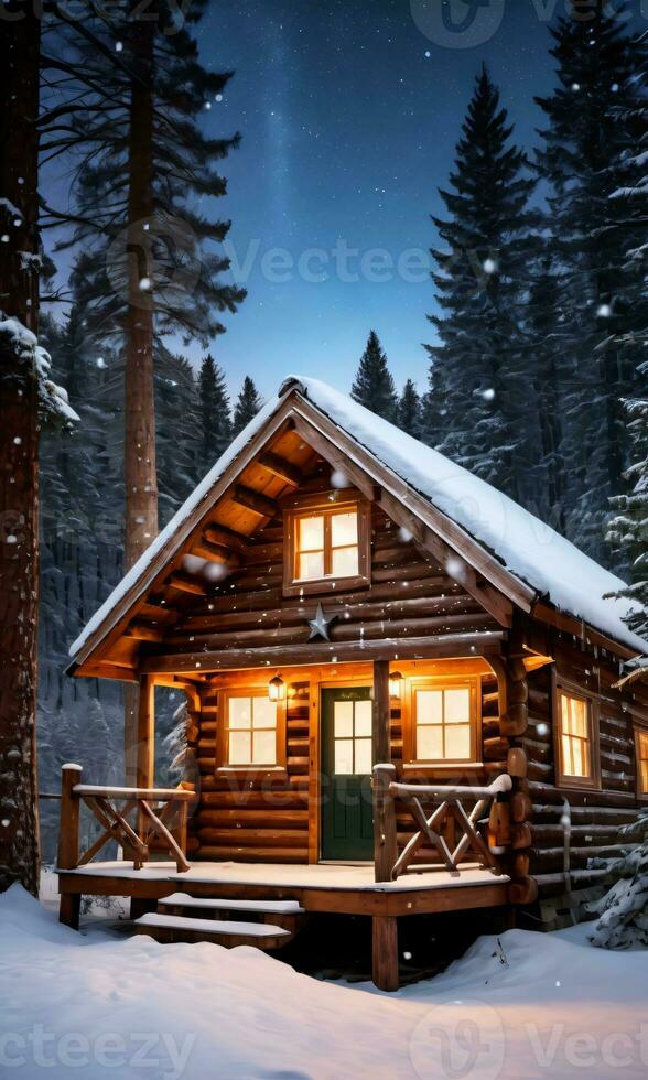 A Rustic Wooden Cabin Adorned With A Glowing Star Pine Branches And Falling Snow Captured At Twilight. AI Generated photo