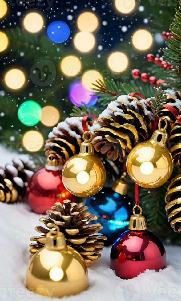 A Snowy Landscape Featuring An Array Of Colorful Christmas Lights Golden Bells And Pine Cones Captured During A Clear Starry Night. AI Generated photo