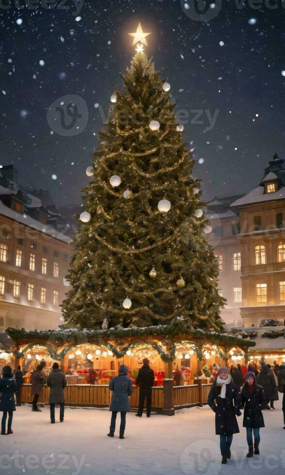 un Nevado ciudad cuadrado presentando un grandioso Navidad árbol adornado con centelleo luces rodeado por de madera establos iluminado por linternas ai generado foto