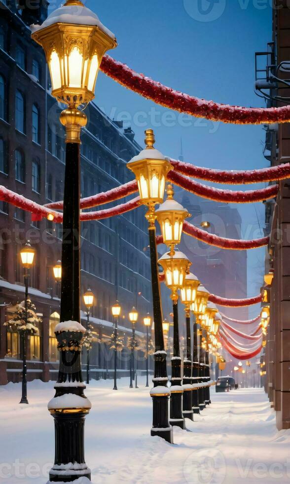 A Snowy City Street Adorned With Illuminated Lamp Posts Golden Bells And Red Ribbons Captured At Dusk. AI Generated photo