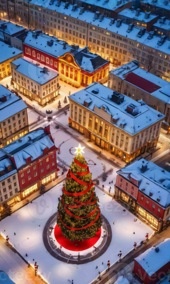 A Bird S Eye View Of A Snowy Town Square With A Glowing Christmas Tree Golden Stars And Red Ribbons Shot At Dusk. AI Generated photo