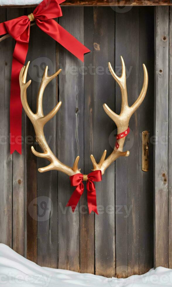 Photo Of Christmas Reindeer Antlers Wrapped With Red Ribbons And Golden Stars Leaning Against A Barn Door. AI Generated