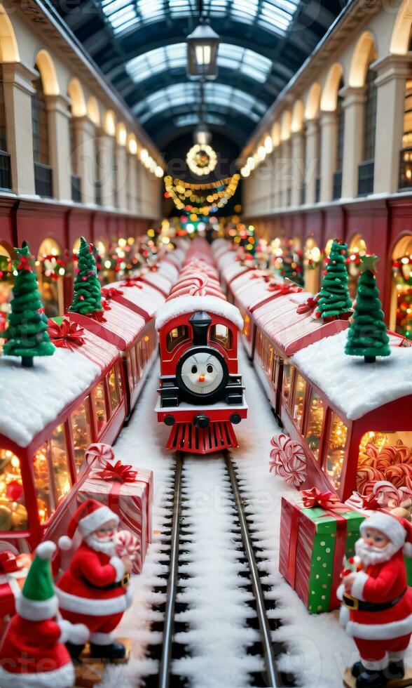 Photo Of Christmas Toy Train Going Through A Tunnel Of Gifts And Candy Canes In A Bustling Train Station. AI Generated