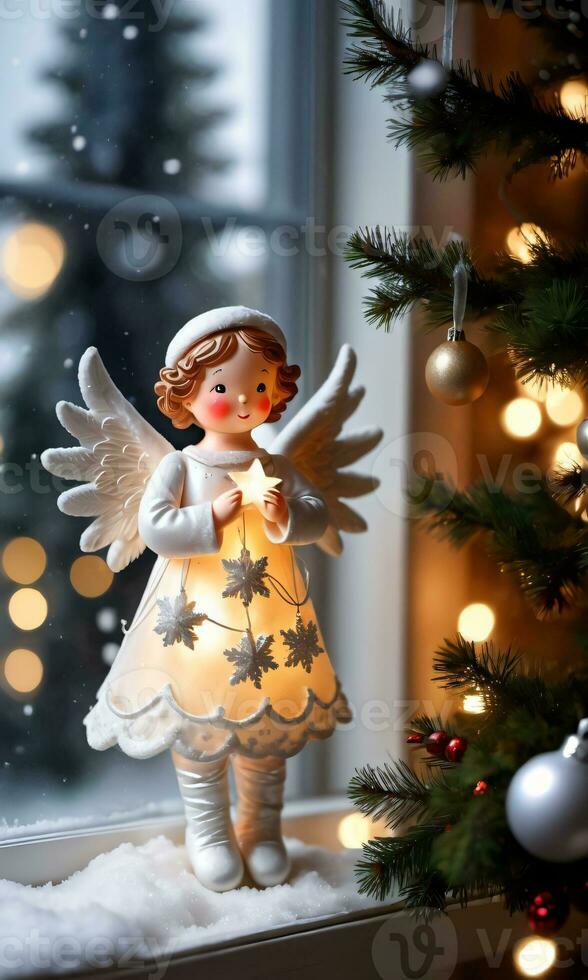 Photo Of Christmas Angel Ornament Beside A Snowy Window With Hanging Stockings With The Soft Glow Of A Nearby Village. AI Generated