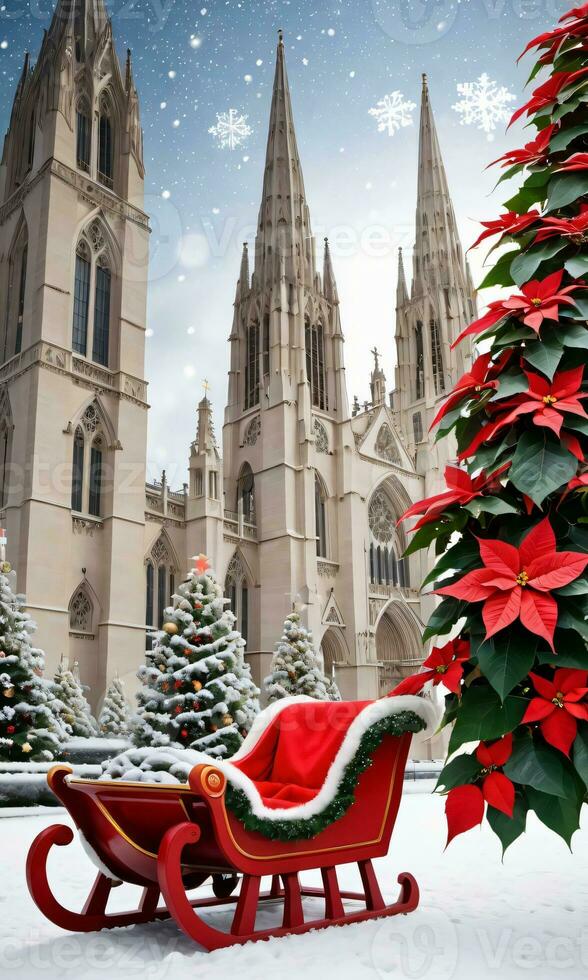 foto de Navidad copos de nieve que cae en un trineo lleno con regalos y flor de pascua plantas fuera de un grandioso catedral. ai generado