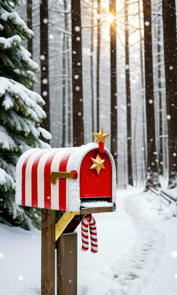 foto de Navidad nevado buzón con caramelo caña rayas y un dorado estrella en parte superior conjunto en contra un fondo de un Nevado bosque. ai generado