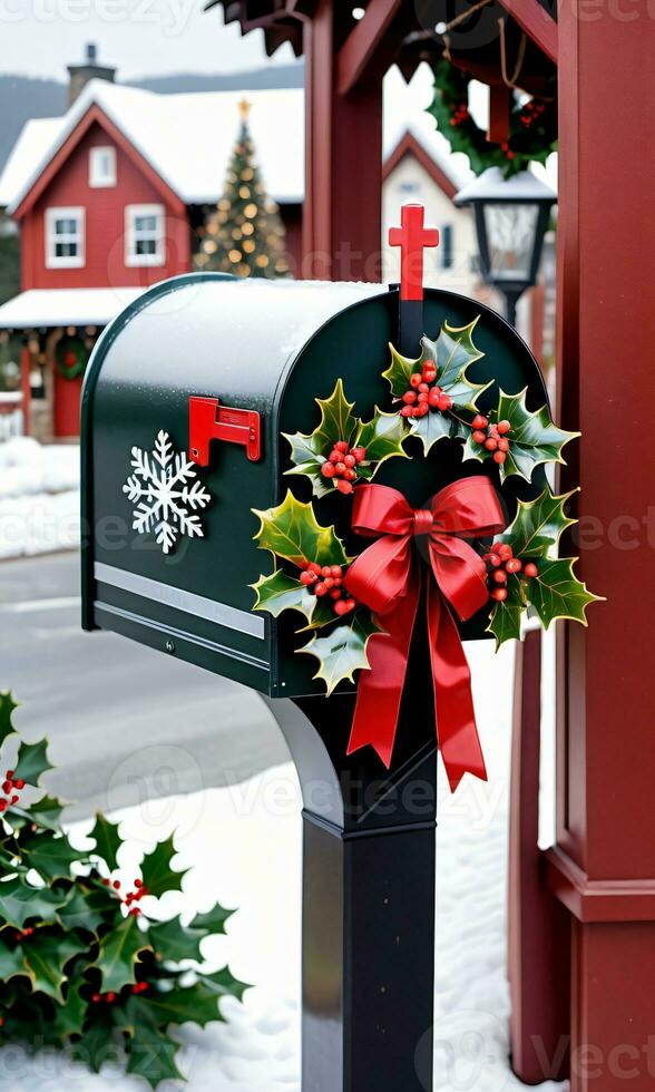Photo Of Christmas Snowflakes Adorning A Mailbox Filled With Holly Leaves And Ribbons With A Backdrop Of A Cozy Village Inn. AI Generated