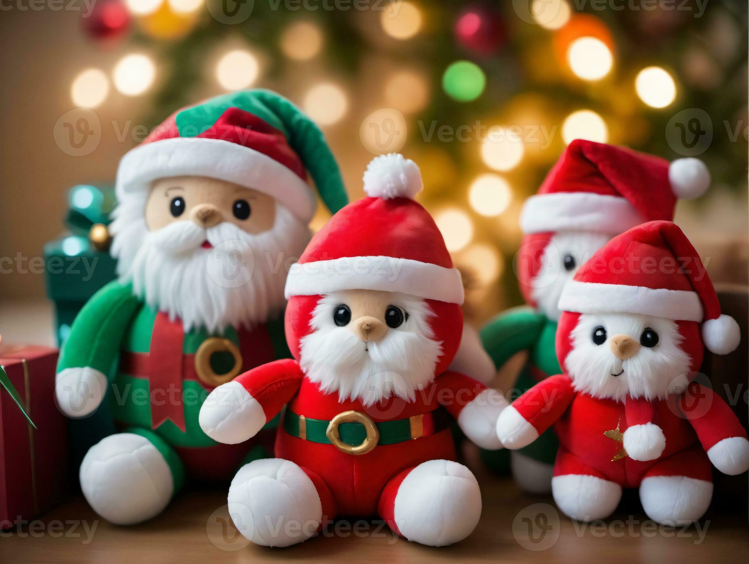 A Group Of Stuffed Santas Sitting Next To A Christmas Tree. AI ...