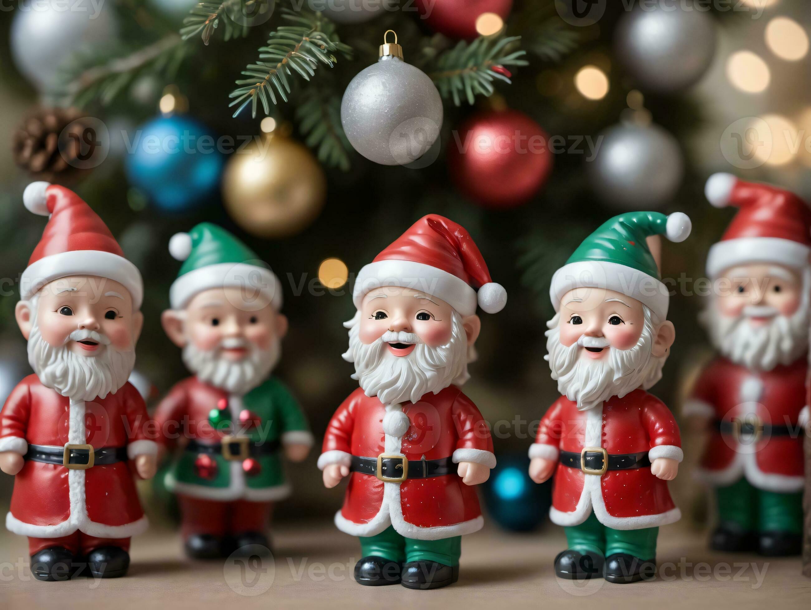 A Group Of Miniature Santas Standing Next To A Christmas Tree. AI ...