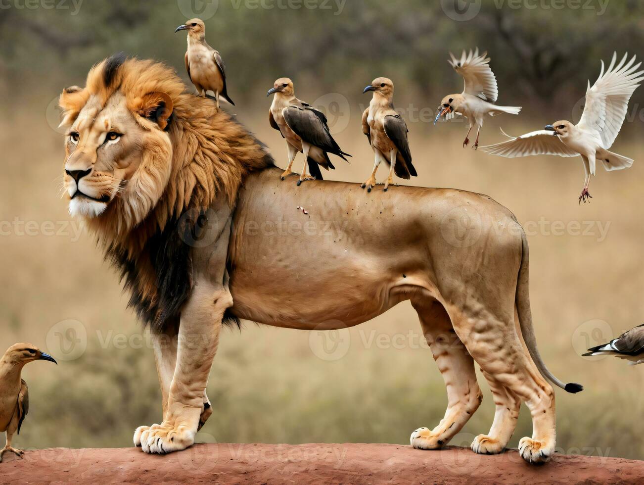 A Lion Standing On A Rock. AI Generated photo