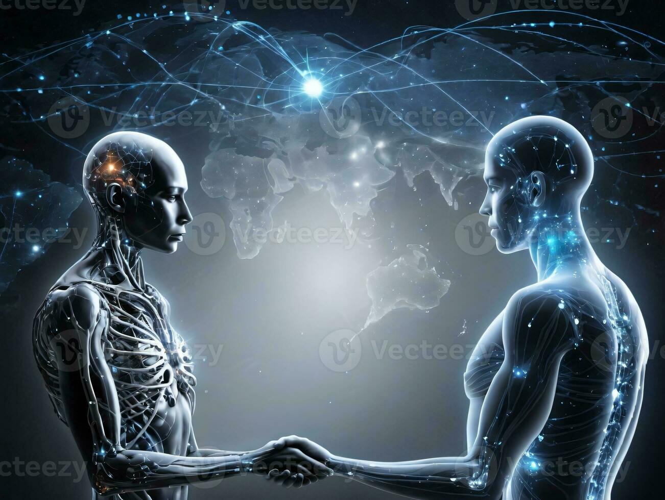 Two Skeletons Shaking Hands With A Map Of The World In The Background. AI Generated photo