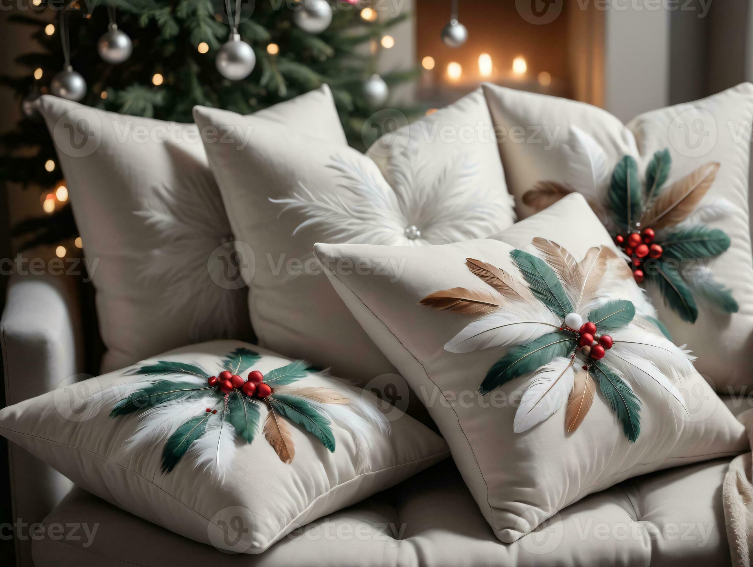 Christmas Pillows On A Couch With A Christmas Tree In The