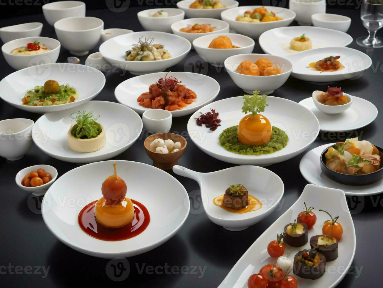 un mesa con muchos platos de comida en él. ai generado foto