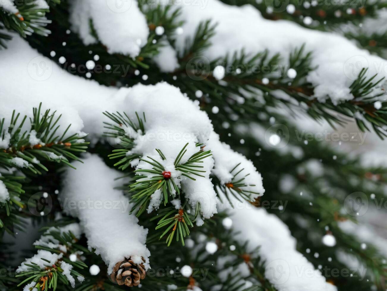 Snow On Pine Tree Branch. AI Generated photo