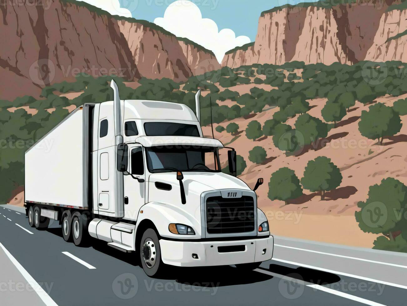 A White Truck Driving Down A Road. AI Generated photo