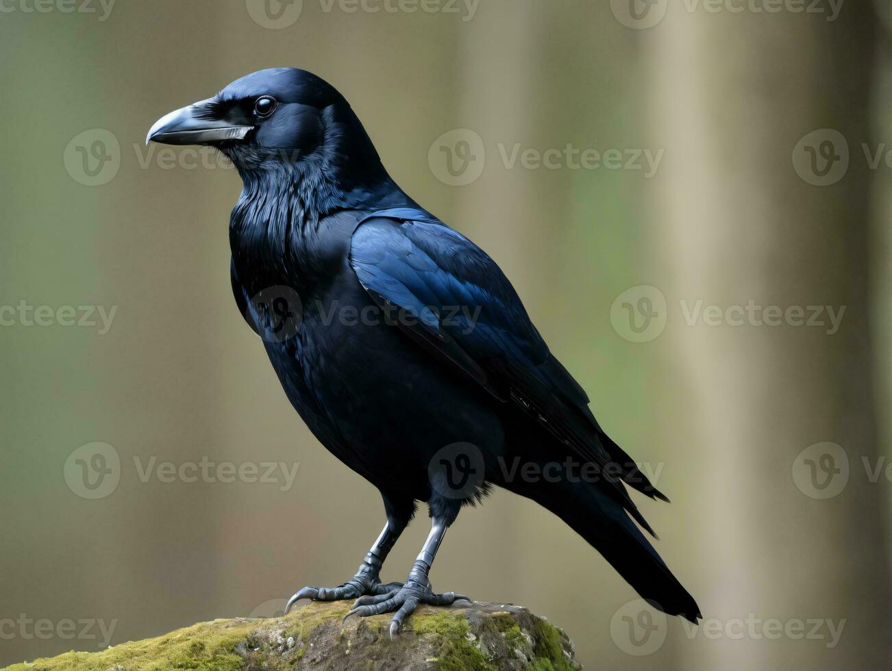 un negro pájaro sentado en un rock en el bosque. ai generado foto