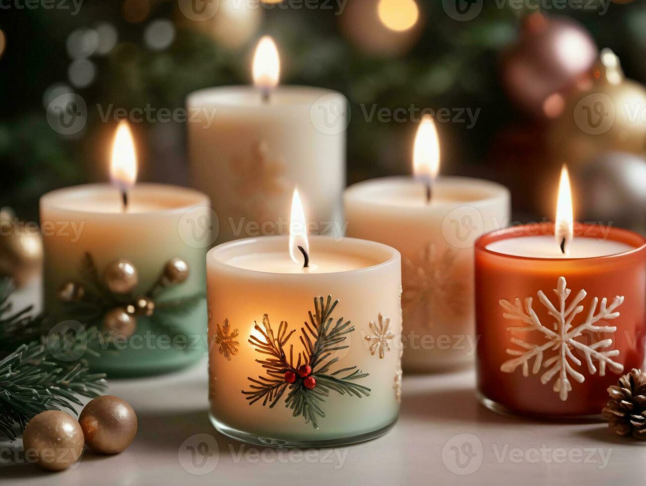 Christmas Candles With Decorations And Ornaments. AI Generated photo