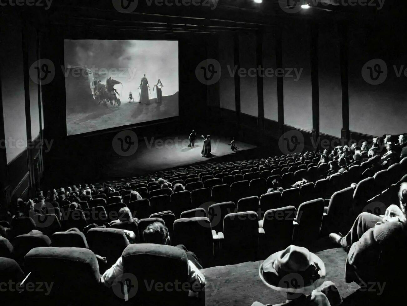 A Black And White Photo Of An Empty Theater. AI Generated